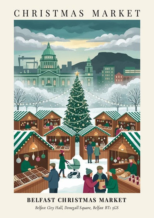 Poster of Belfast Christmas Market at City Hall with stalls and festive holiday shoppers.