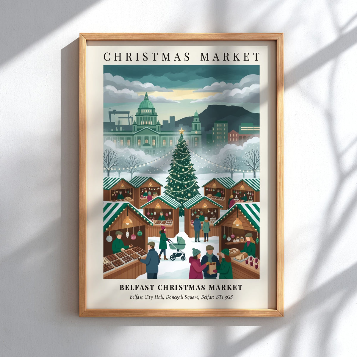 Poster of Belfast Christmas Market at City Hall with stalls and festive holiday shoppers.
