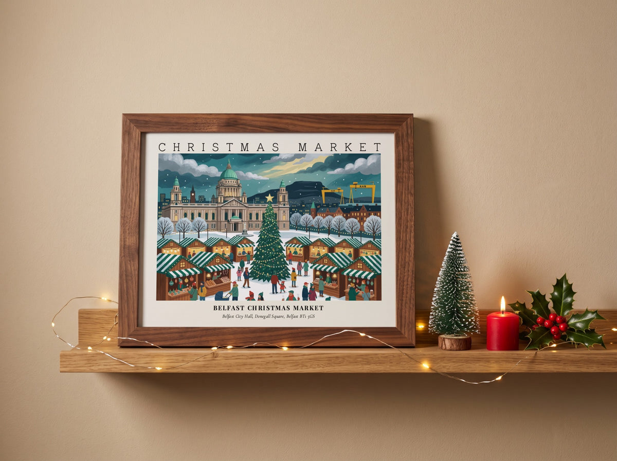 Poster of Belfast Christmas Market featuring the city hall with snowy stalls and trees.