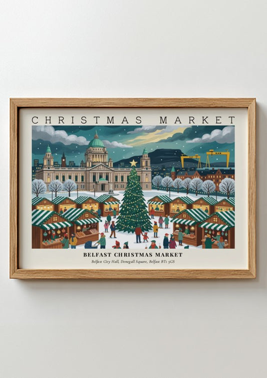 Poster of Belfast Christmas Market featuring the city hall with snowy stalls and trees.