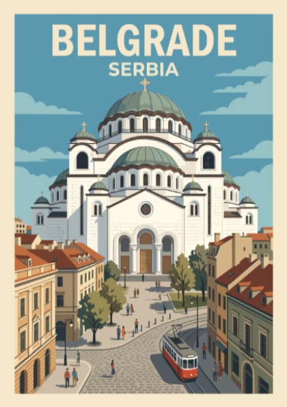 Poster featuring the Saint Sava temple in Belgrade Serbia with a red tram