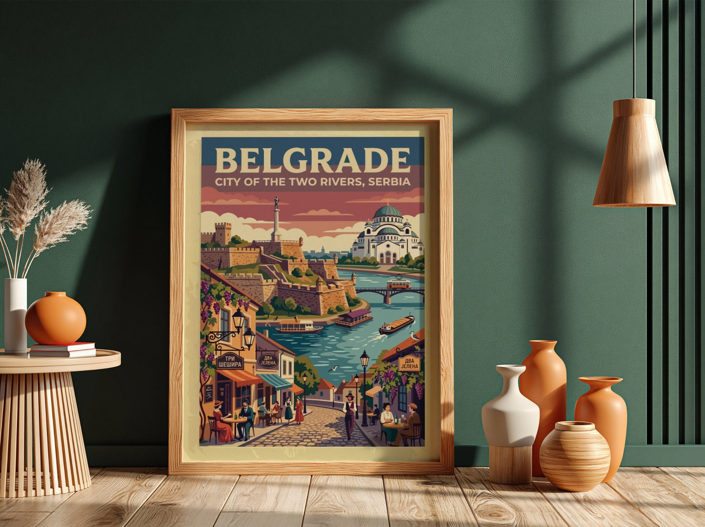 Travel poster featuring Belgrade, Serbia with the fortress, Saint Sava Temple, and rivers.