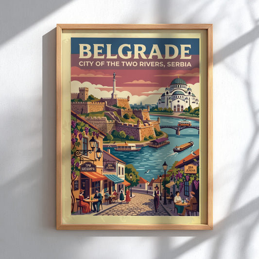 Travel poster featuring Belgrade, Serbia with the fortress, Saint Sava Temple, and rivers.