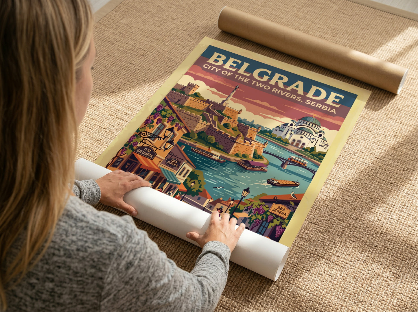 Travel poster featuring Belgrade, Serbia with the fortress, Saint Sava Temple, and rivers.