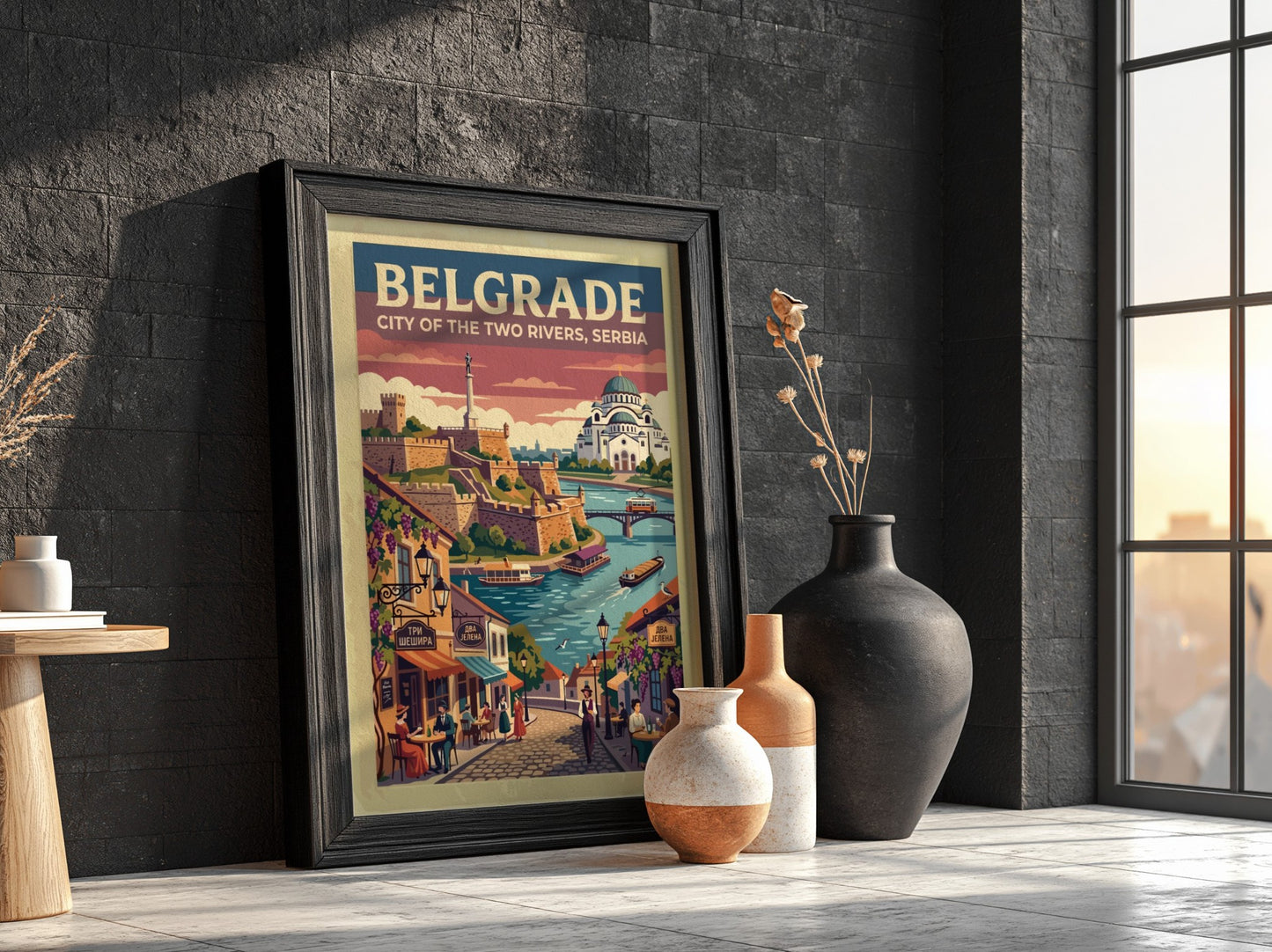 Travel poster featuring Belgrade, Serbia with the fortress, Saint Sava Temple, and rivers.