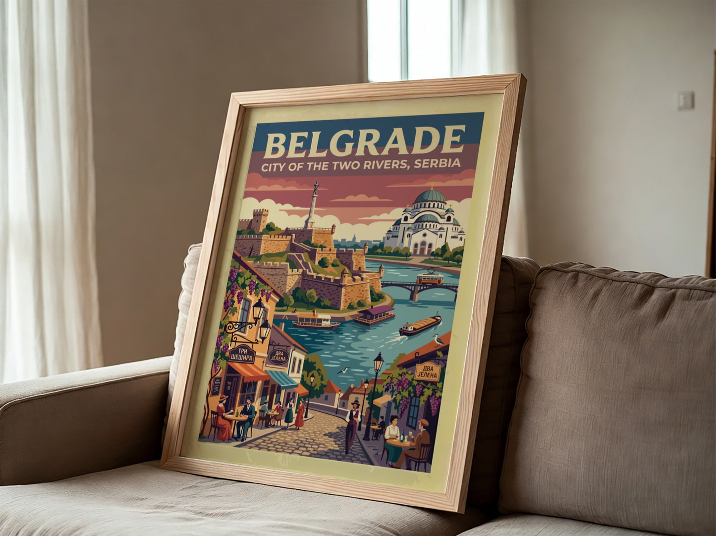 Travel poster featuring Belgrade, Serbia with the fortress, Saint Sava Temple, and rivers.