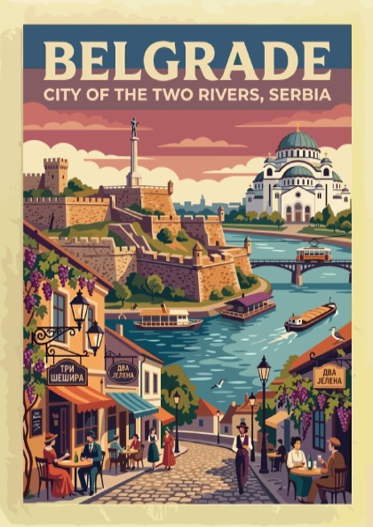 Travel poster featuring Belgrade, Serbia with the fortress, Saint Sava Temple, and rivers.