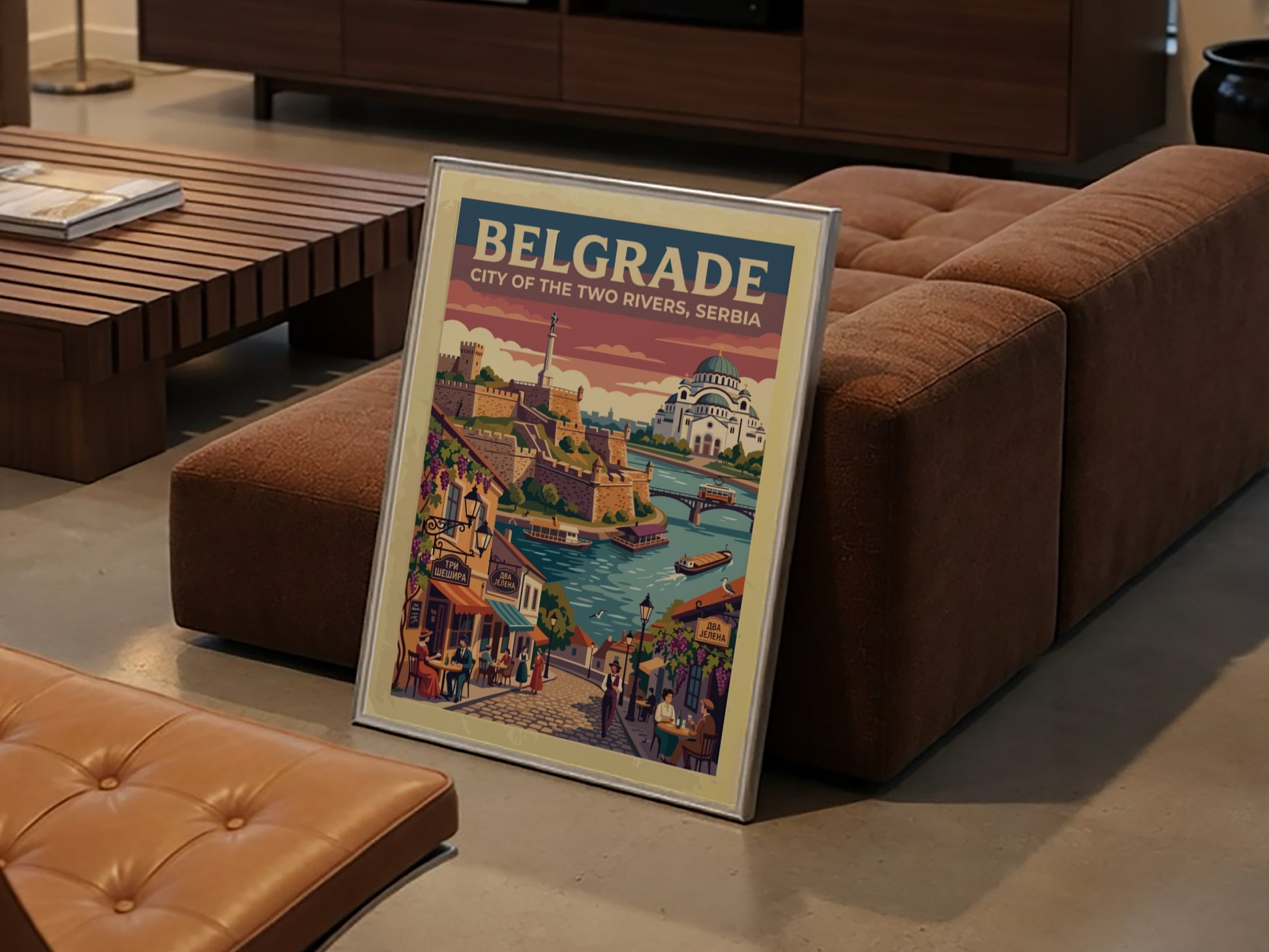 Travel poster featuring Belgrade, Serbia with the fortress, Saint Sava Temple, and rivers.