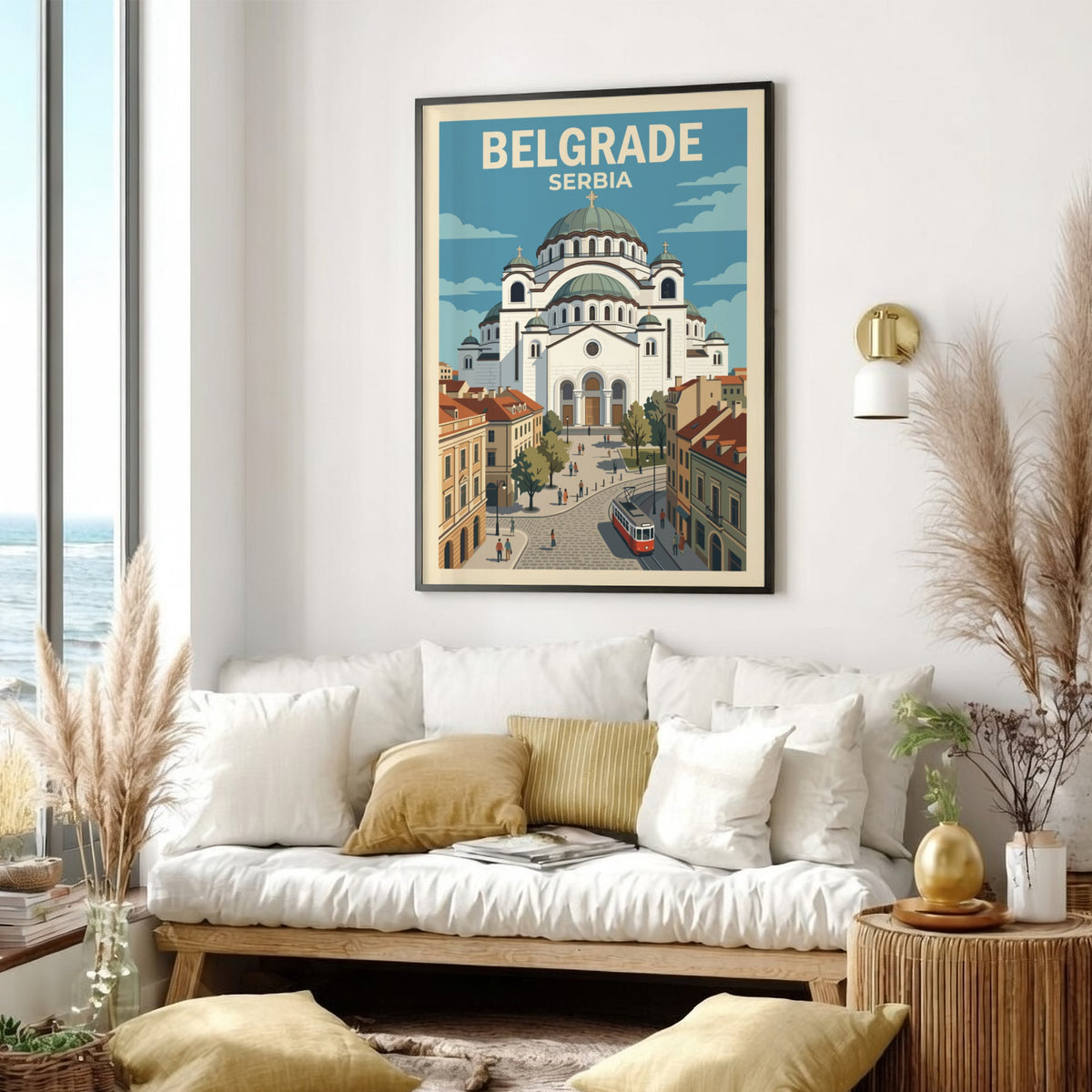 Poster featuring the Saint Sava temple in Belgrade Serbia with a red tram