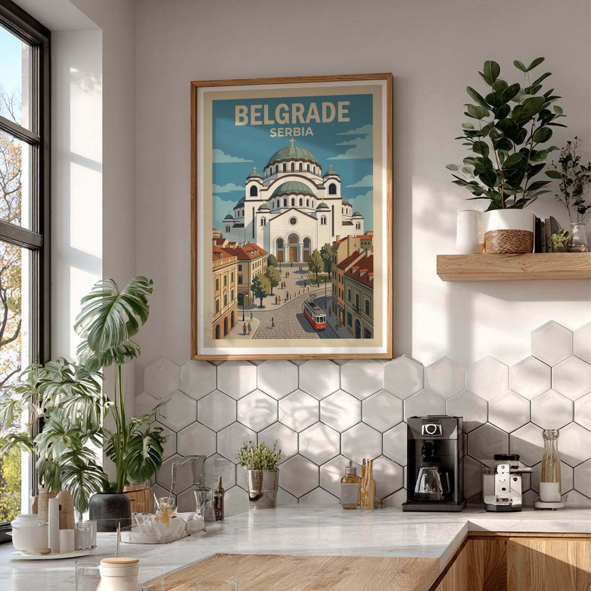 Poster featuring the Saint Sava temple in Belgrade Serbia with a red tram