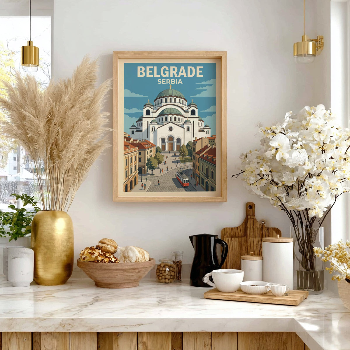 Poster featuring the Saint Sava temple in Belgrade Serbia with a red tram
