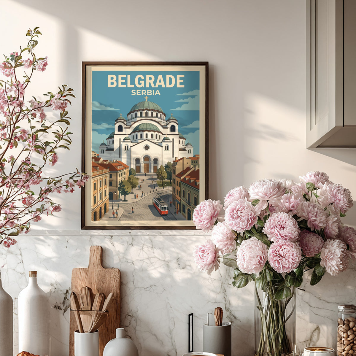Poster featuring the Saint Sava temple in Belgrade Serbia with a red tram