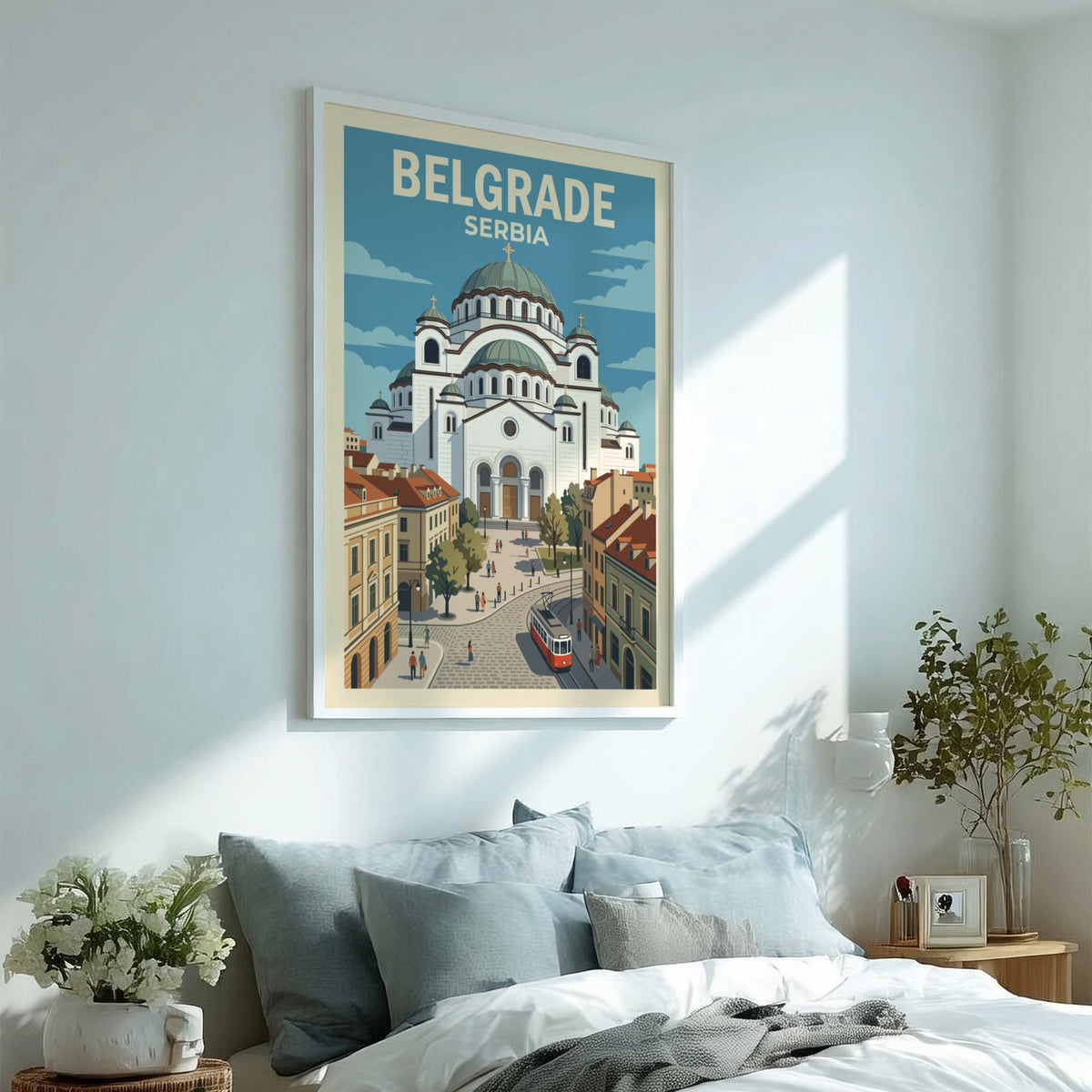 Poster featuring the Saint Sava temple in Belgrade Serbia with a red tram