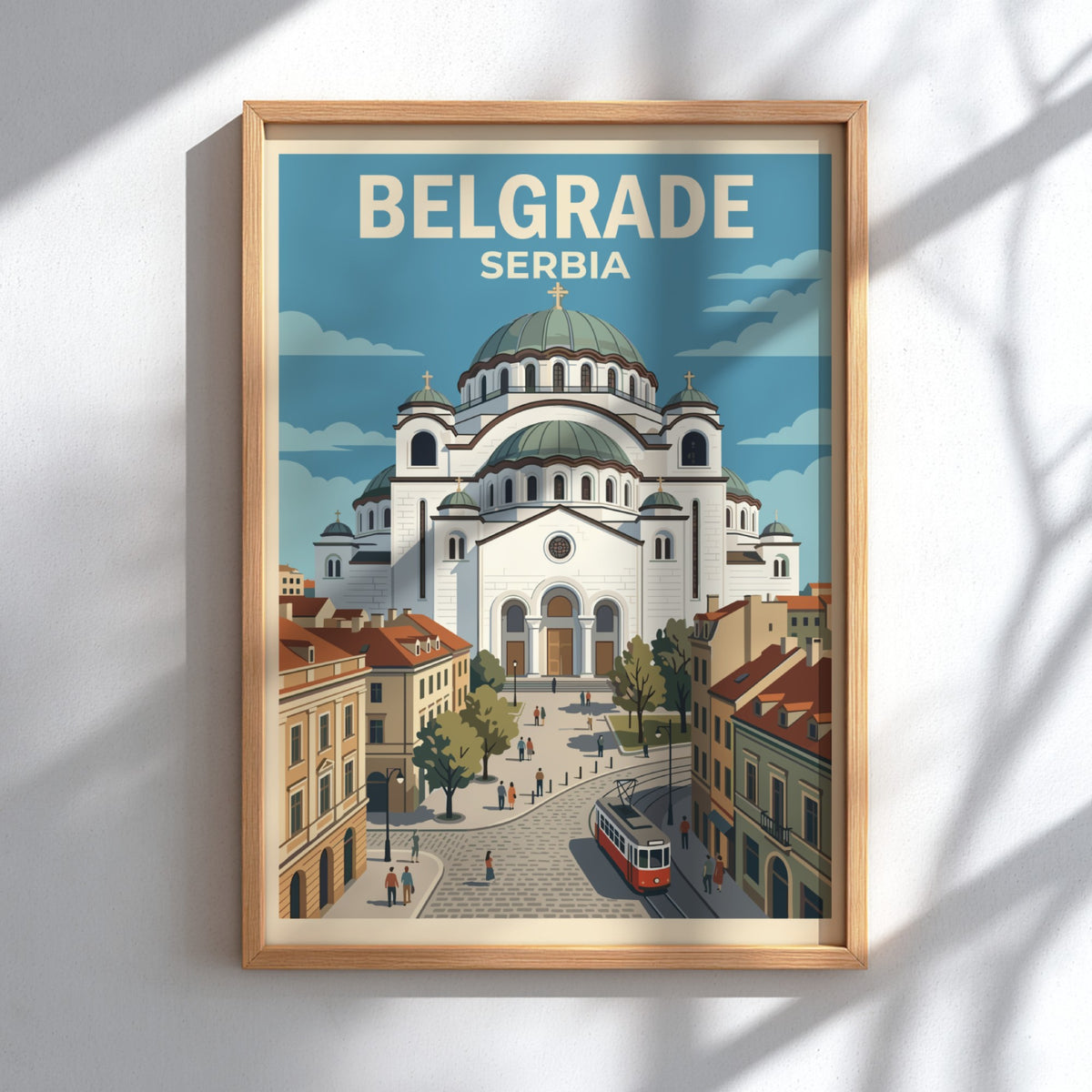 Poster featuring the Saint Sava temple in Belgrade Serbia with a red tram