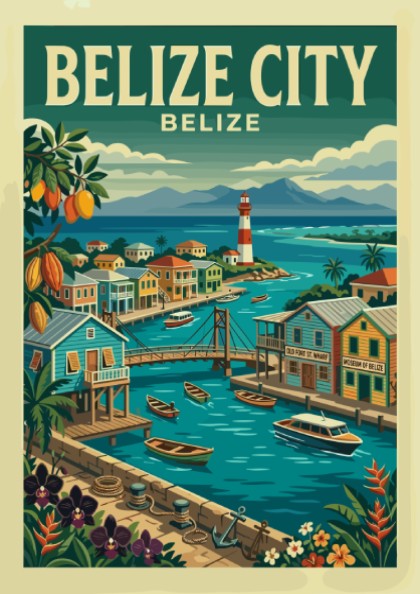 Retro illustration travel poster of Belize City featuring colorful buildings, a lighthouse, and boats.