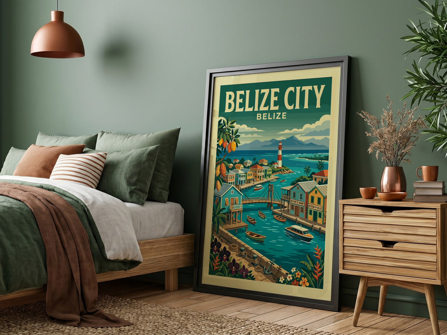 Retro illustration travel poster of Belize City featuring colorful buildings, a lighthouse, and boats.