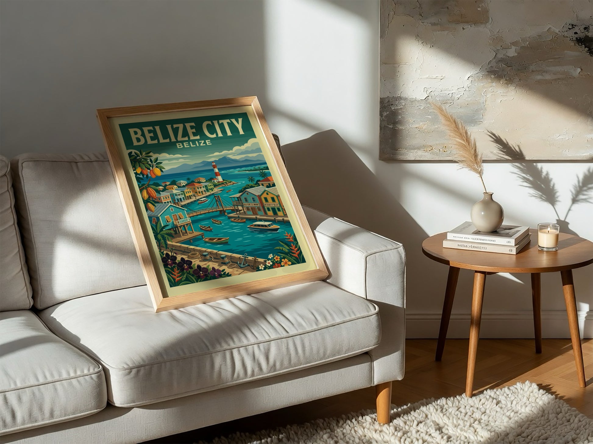 Retro illustration travel poster of Belize City featuring colorful buildings, a lighthouse, and boats.