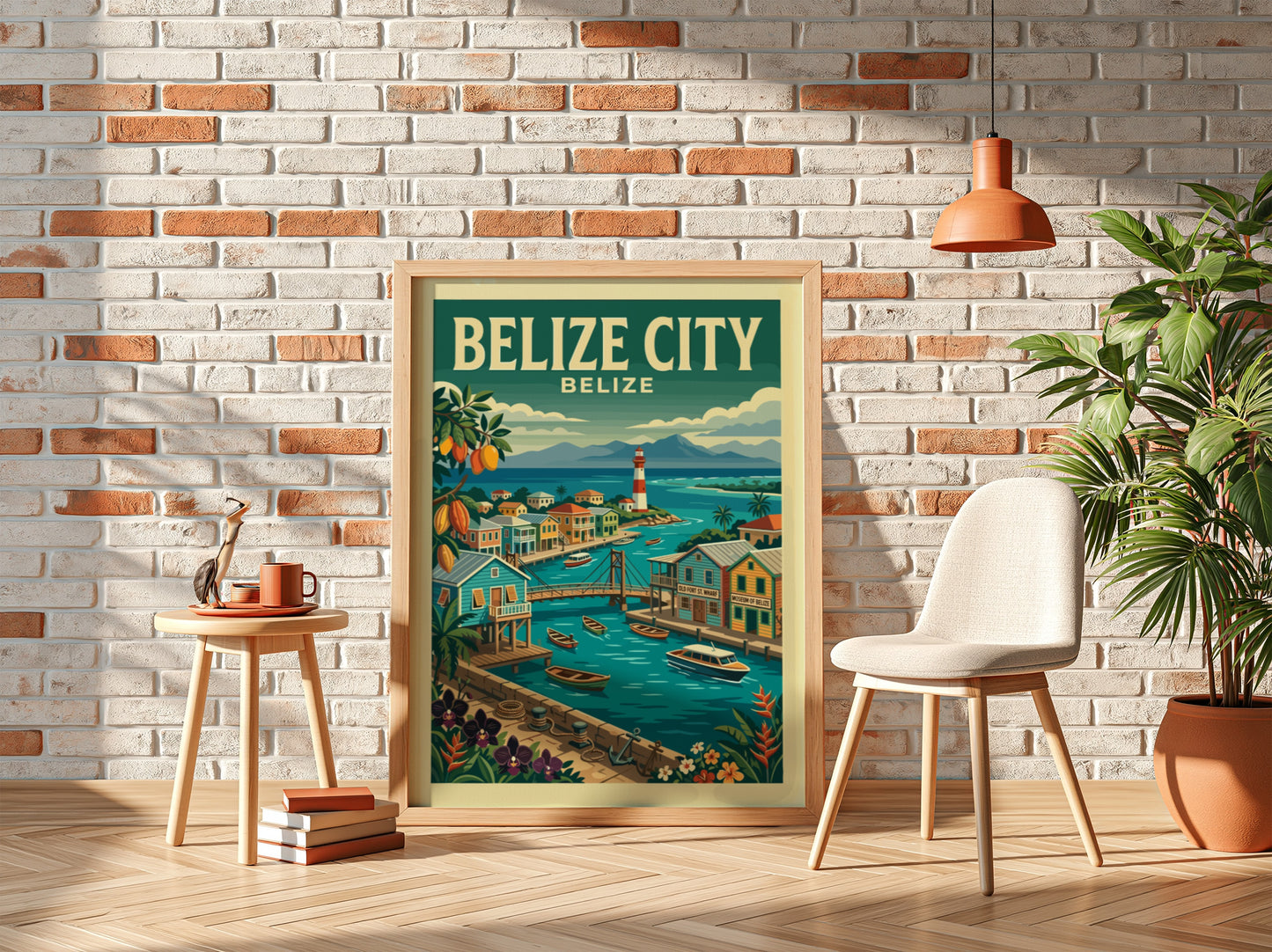 Retro illustration travel poster of Belize City featuring colorful buildings, a lighthouse, and boats.