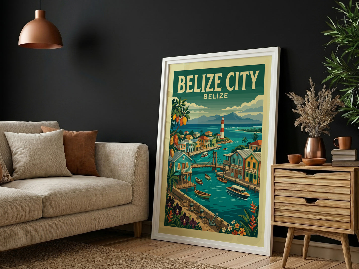 Retro illustration travel poster of Belize City featuring colorful buildings, a lighthouse, and boats.