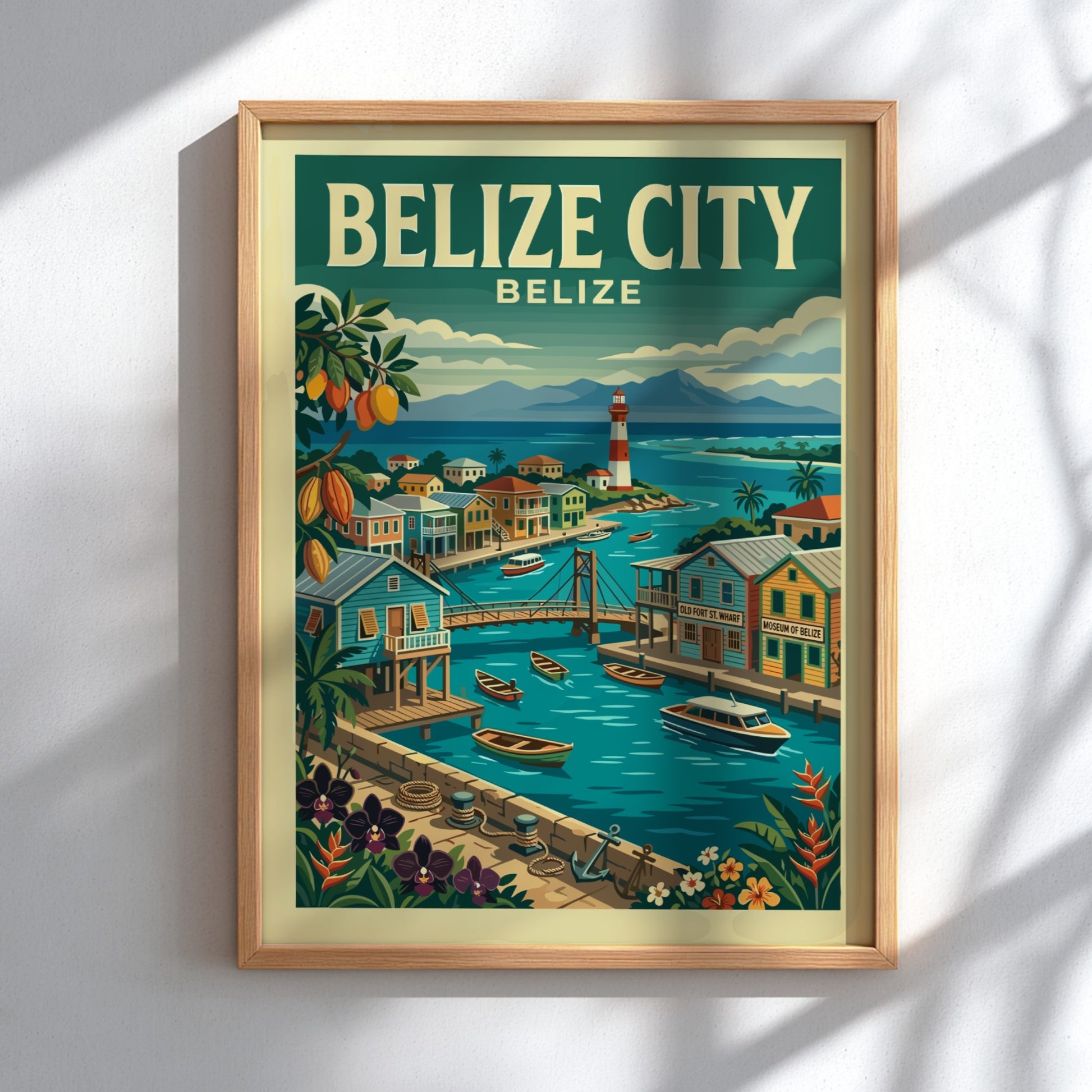 Retro illustration travel poster of Belize City featuring colorful buildings, a lighthouse, and boats.