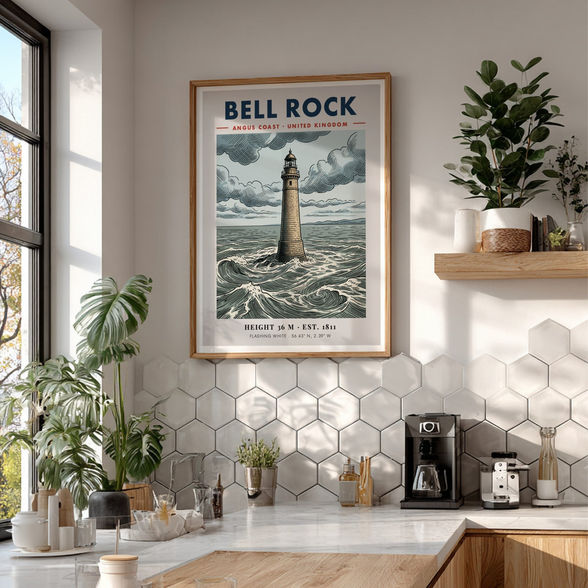 Poster of Bell Rock Lighthouse on the Angus coast with crashing sea waves.