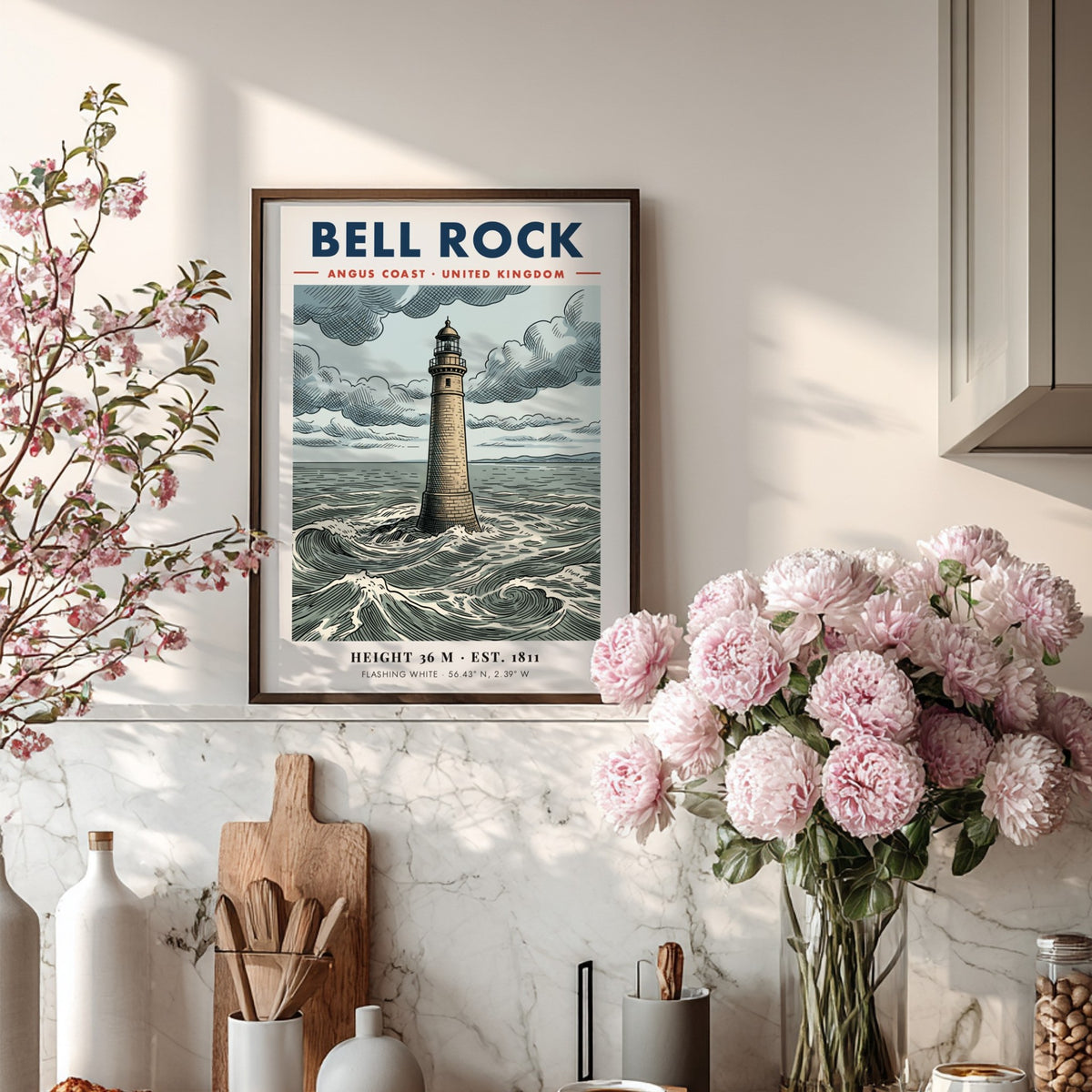 Poster of Bell Rock Lighthouse on the Angus coast with crashing sea waves.
