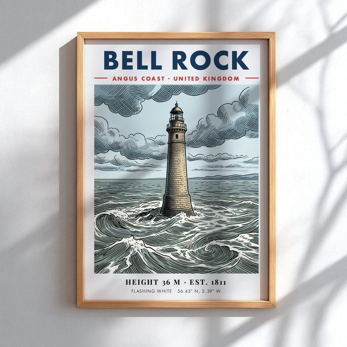 Poster of Bell Rock Lighthouse on the Angus coast with crashing sea waves.
