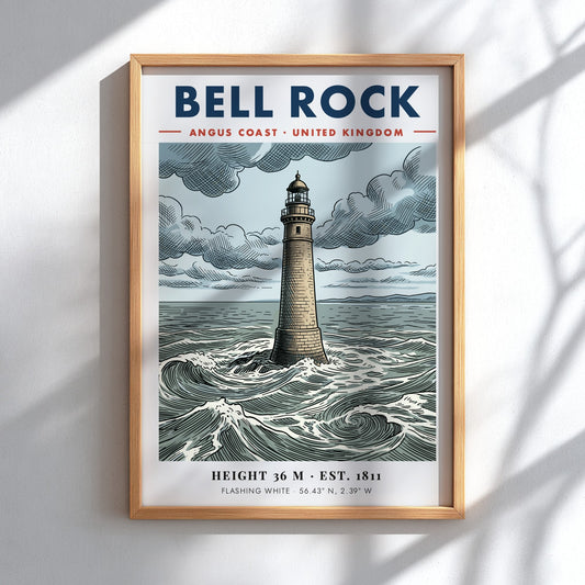 Poster of Bell Rock Lighthouse on the Angus coast with crashing sea waves.