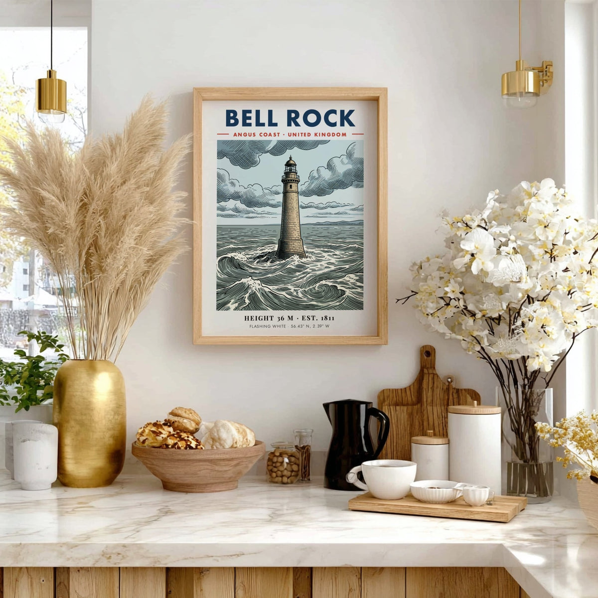 Poster of Bell Rock Lighthouse on the Angus coast with crashing sea waves.