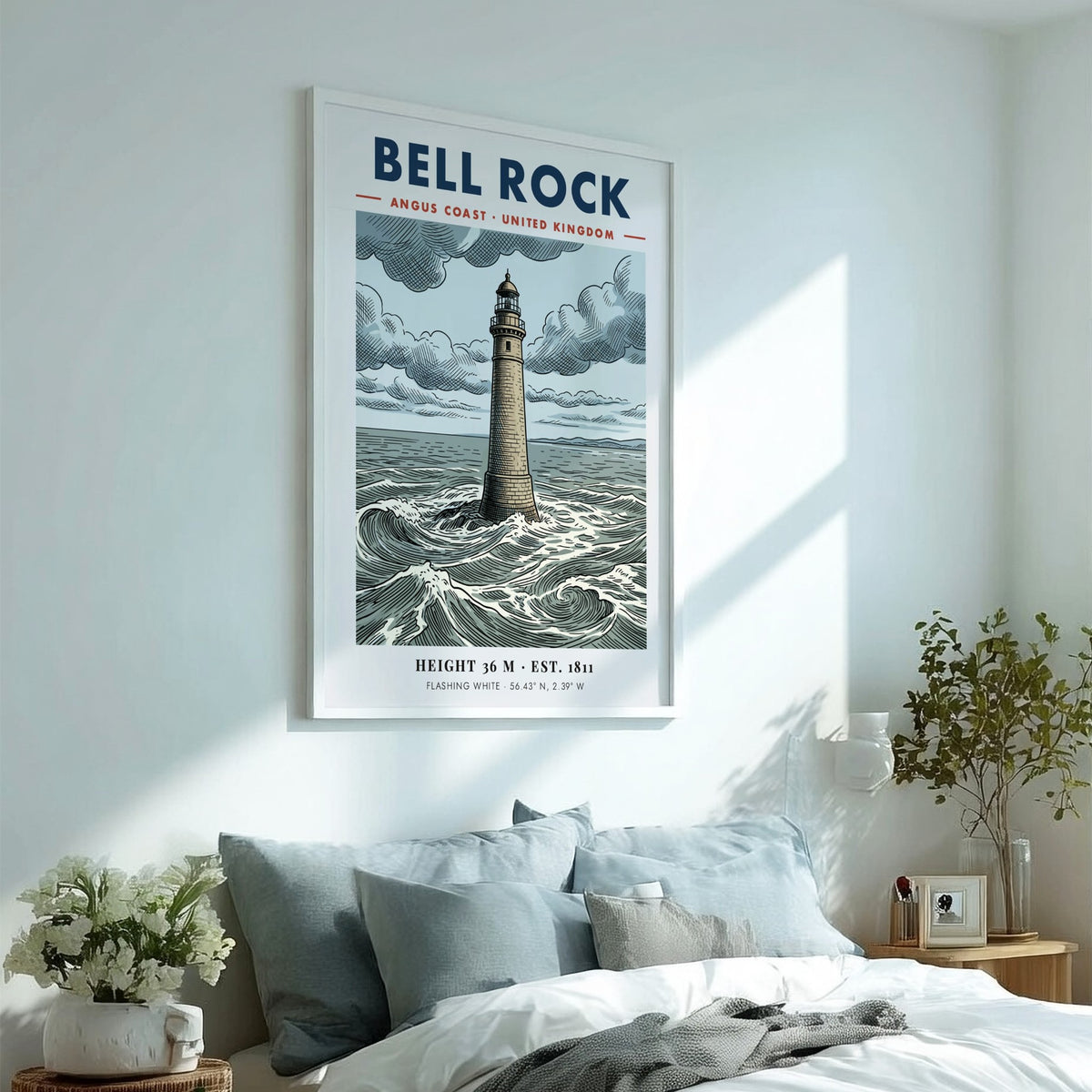 Poster of Bell Rock Lighthouse on the Angus coast with crashing sea waves.