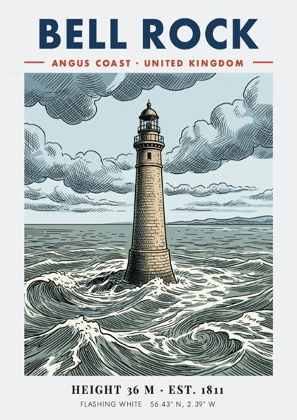 Poster of Bell Rock Lighthouse on the Angus coast with crashing sea waves.