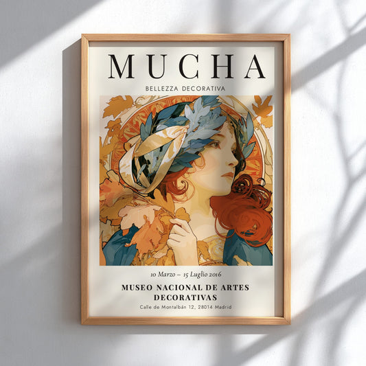 Bellezza Decorativa poster featuring Alphonse Mucha's art in warm colors and intricate details