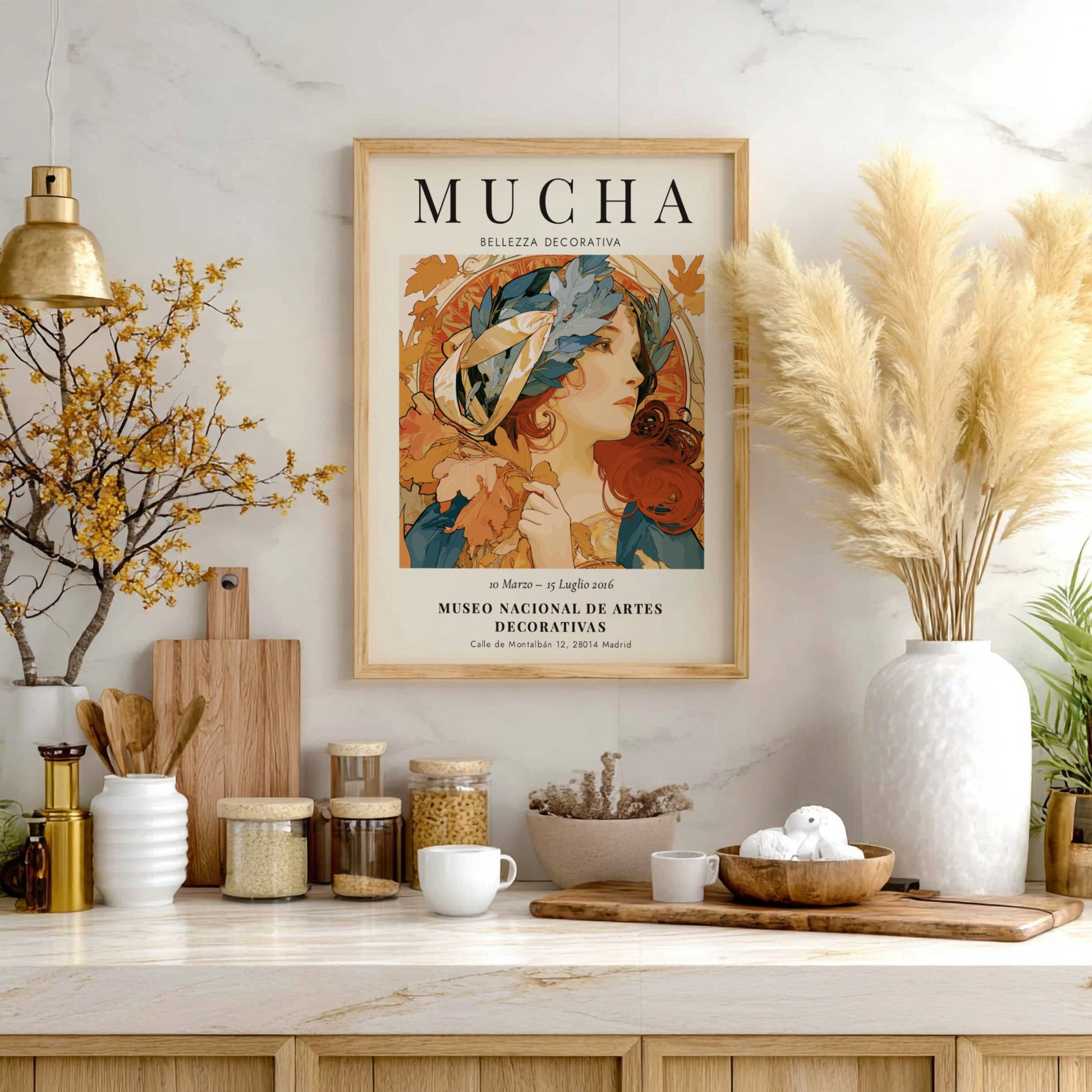 Bellezza Decorativa poster featuring Alphonse Mucha's art in warm colors and intricate details