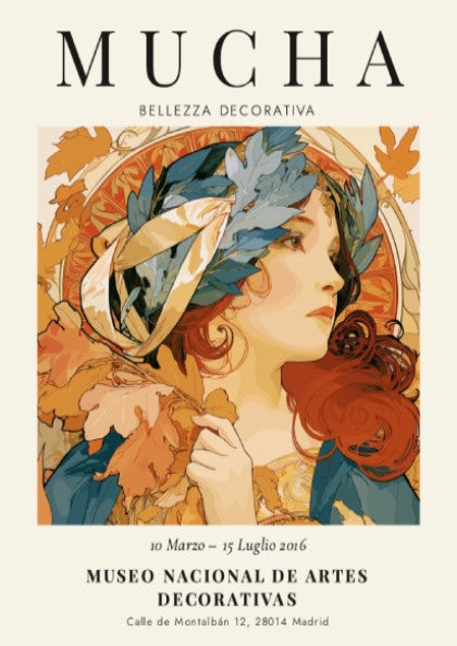 Bellezza Decorativa poster featuring Alphonse Mucha's art in warm colors and intricate details