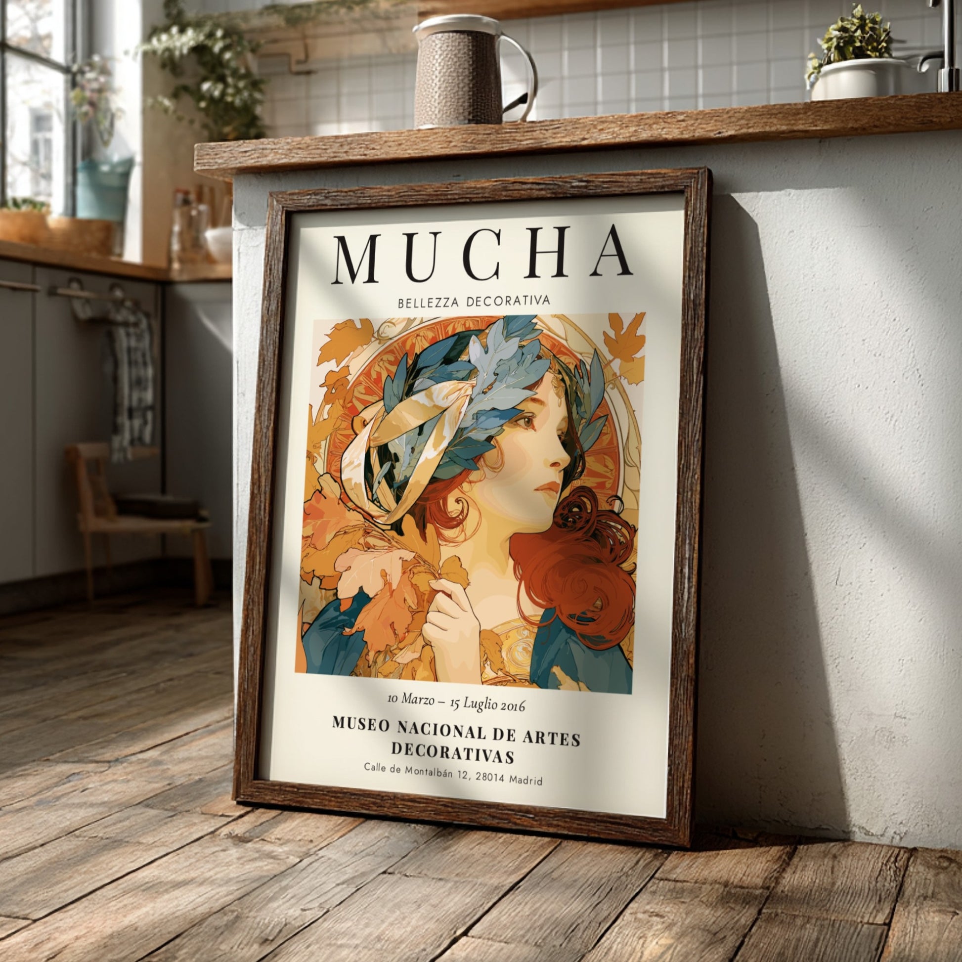 Bellezza Decorativa poster featuring Alphonse Mucha's art in warm colors and intricate details