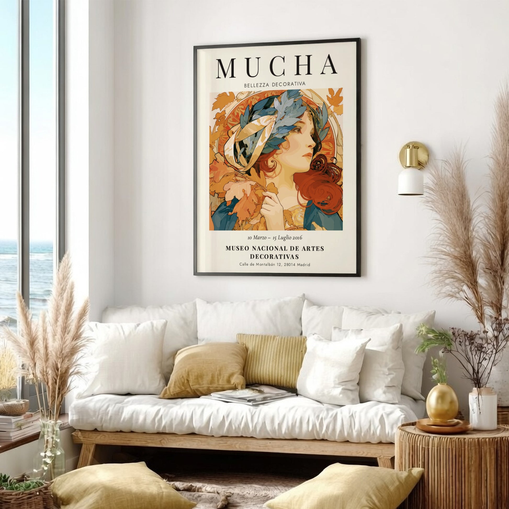 Bellezza Decorativa poster featuring Alphonse Mucha's art in warm colors and intricate details