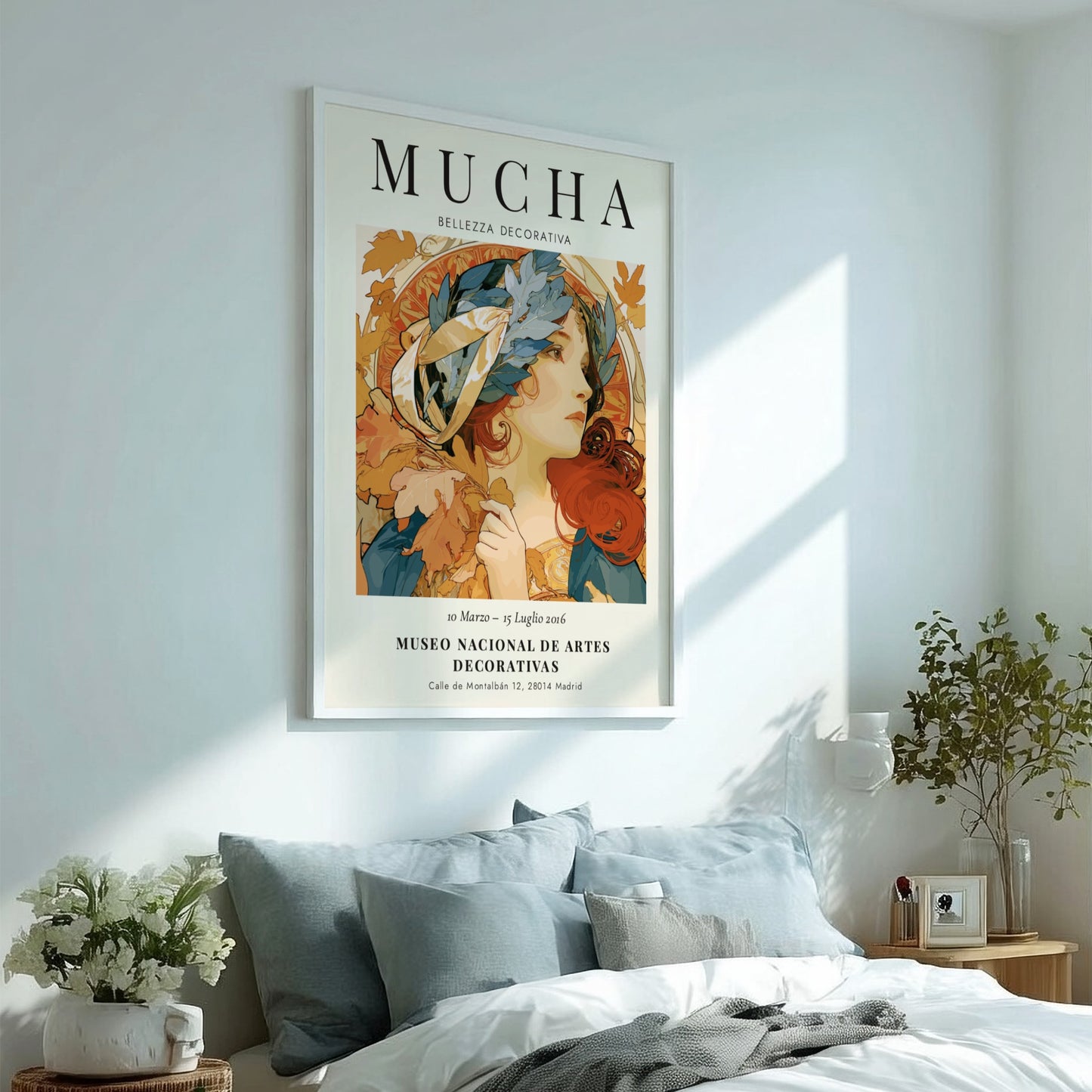 Bellezza Decorativa poster featuring Alphonse Mucha's art in warm colors and intricate details