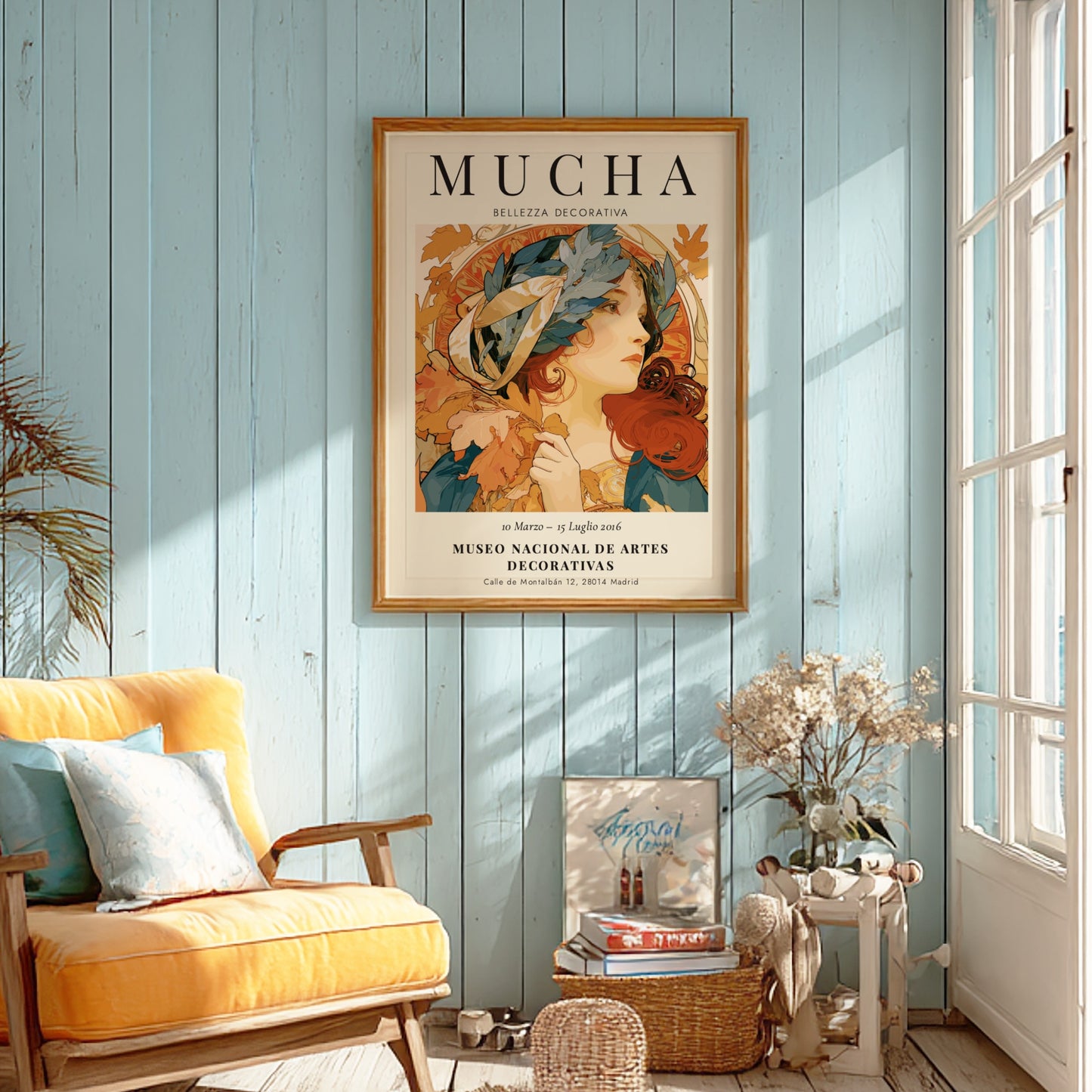 Bellezza Decorativa poster featuring Alphonse Mucha's art in warm colors and intricate details