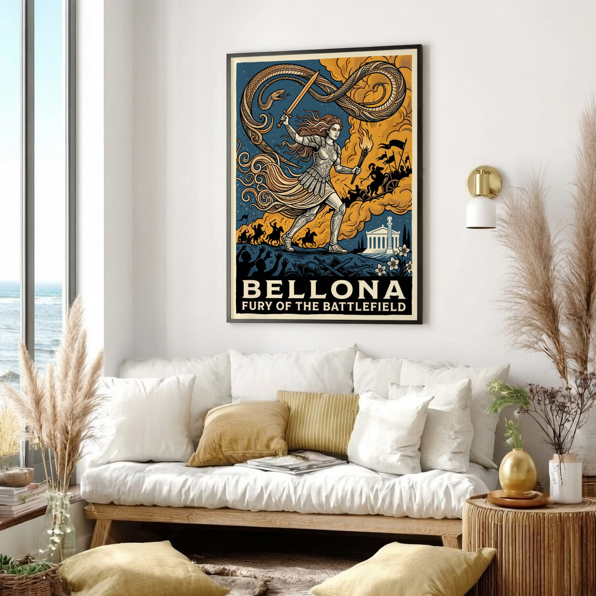 Poster featuring Bellona the Roman goddess of war in armor with sword and torch