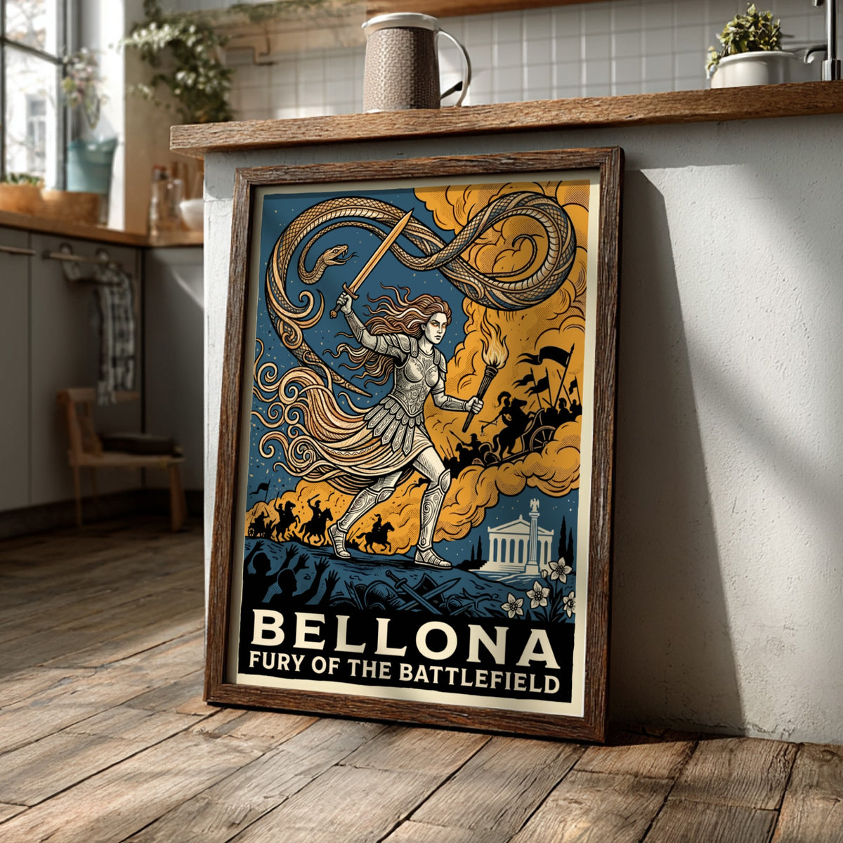 Poster featuring Bellona the Roman goddess of war in armor with sword and torch