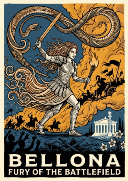 Poster featuring Bellona the Roman goddess of war in armor with sword and torch