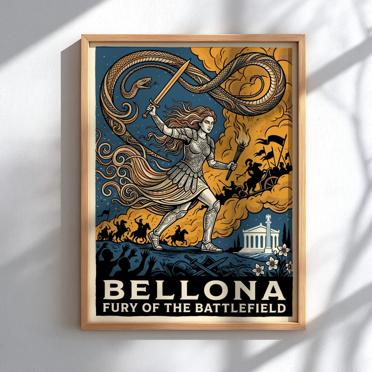 Poster featuring Bellona the Roman goddess of war in armor with sword and torch
