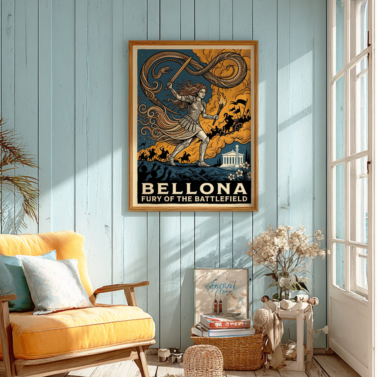 Poster featuring Bellona the Roman goddess of war in armor with sword and torch