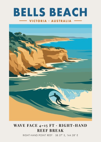 Bells Beach travel poster featuring a surfer on a wave with golden cliffs background