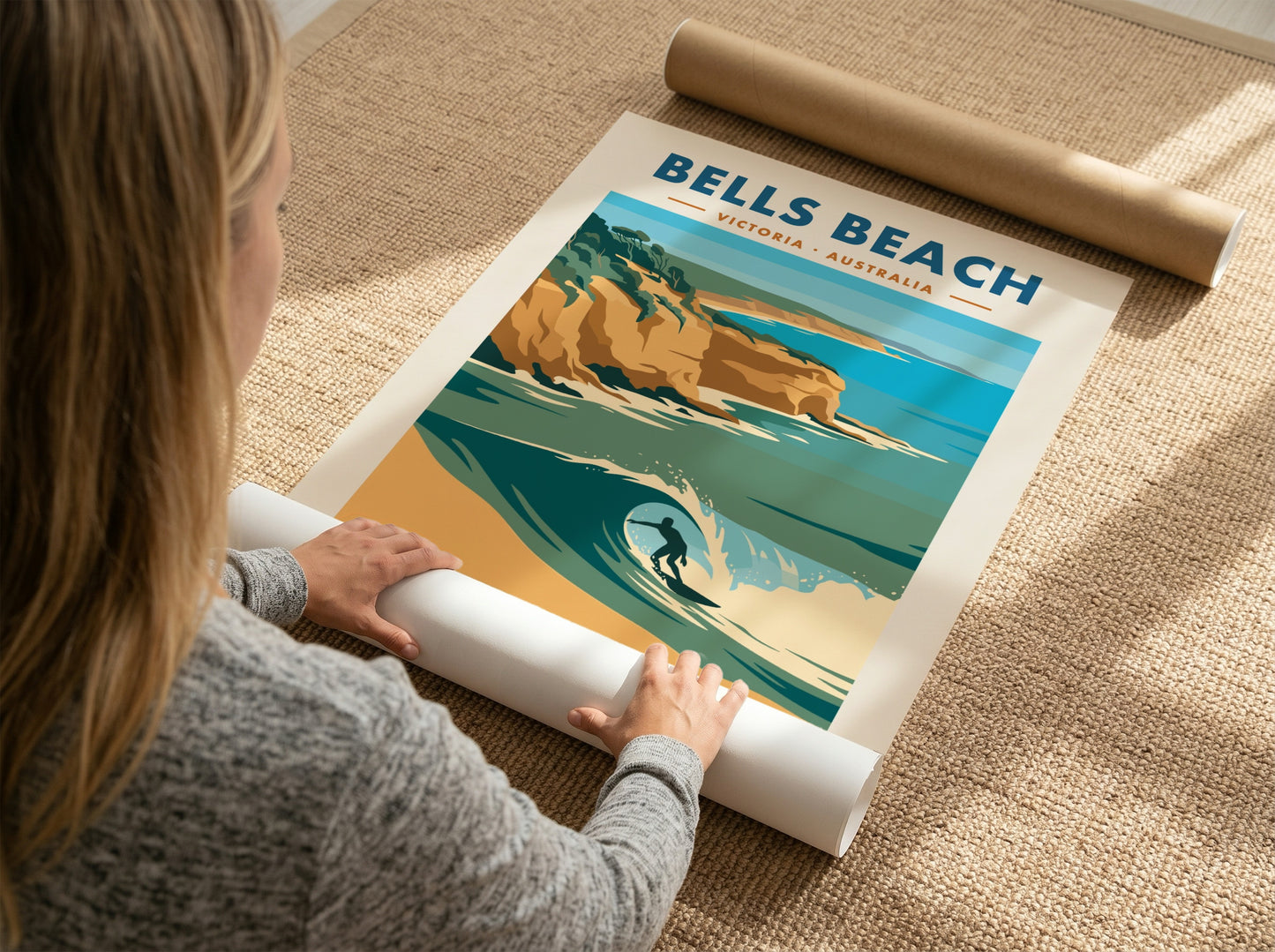 Bells Beach travel poster featuring a surfer on a wave with golden cliffs background