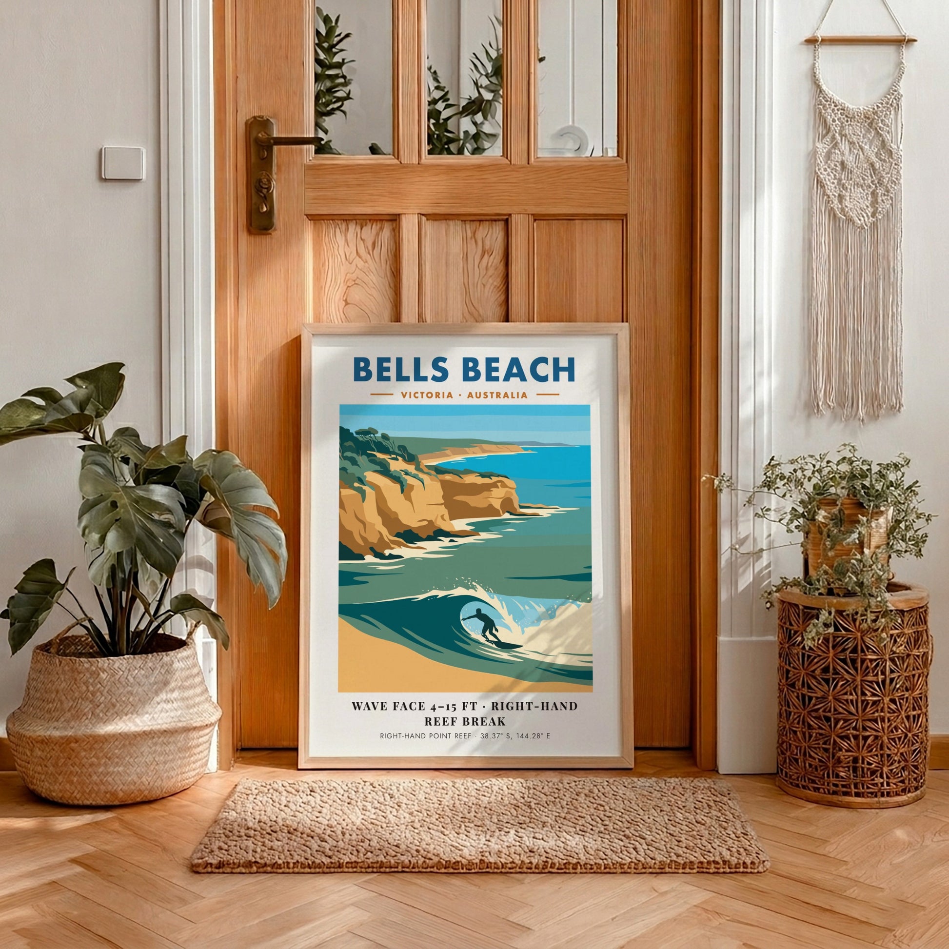 Bells Beach travel poster featuring a surfer on a wave with golden cliffs background