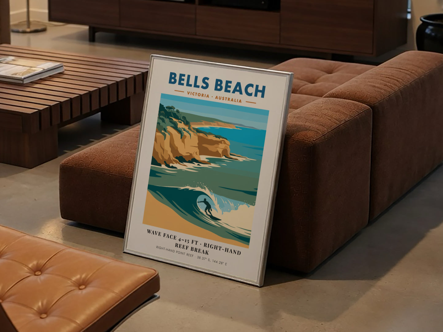 Bells Beach travel poster featuring a surfer on a wave with golden cliffs background