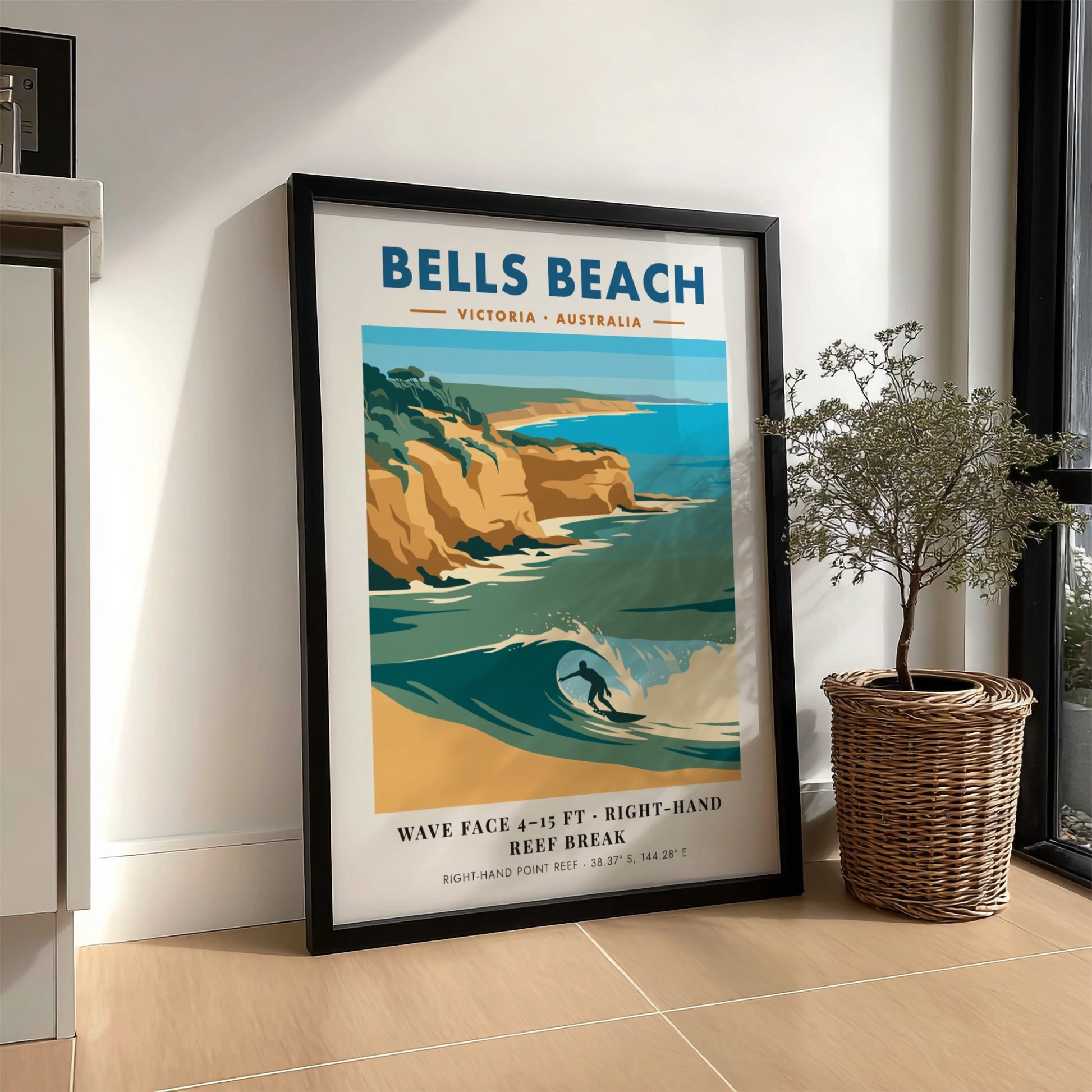 Bells Beach travel poster featuring a surfer on a wave with golden cliffs background