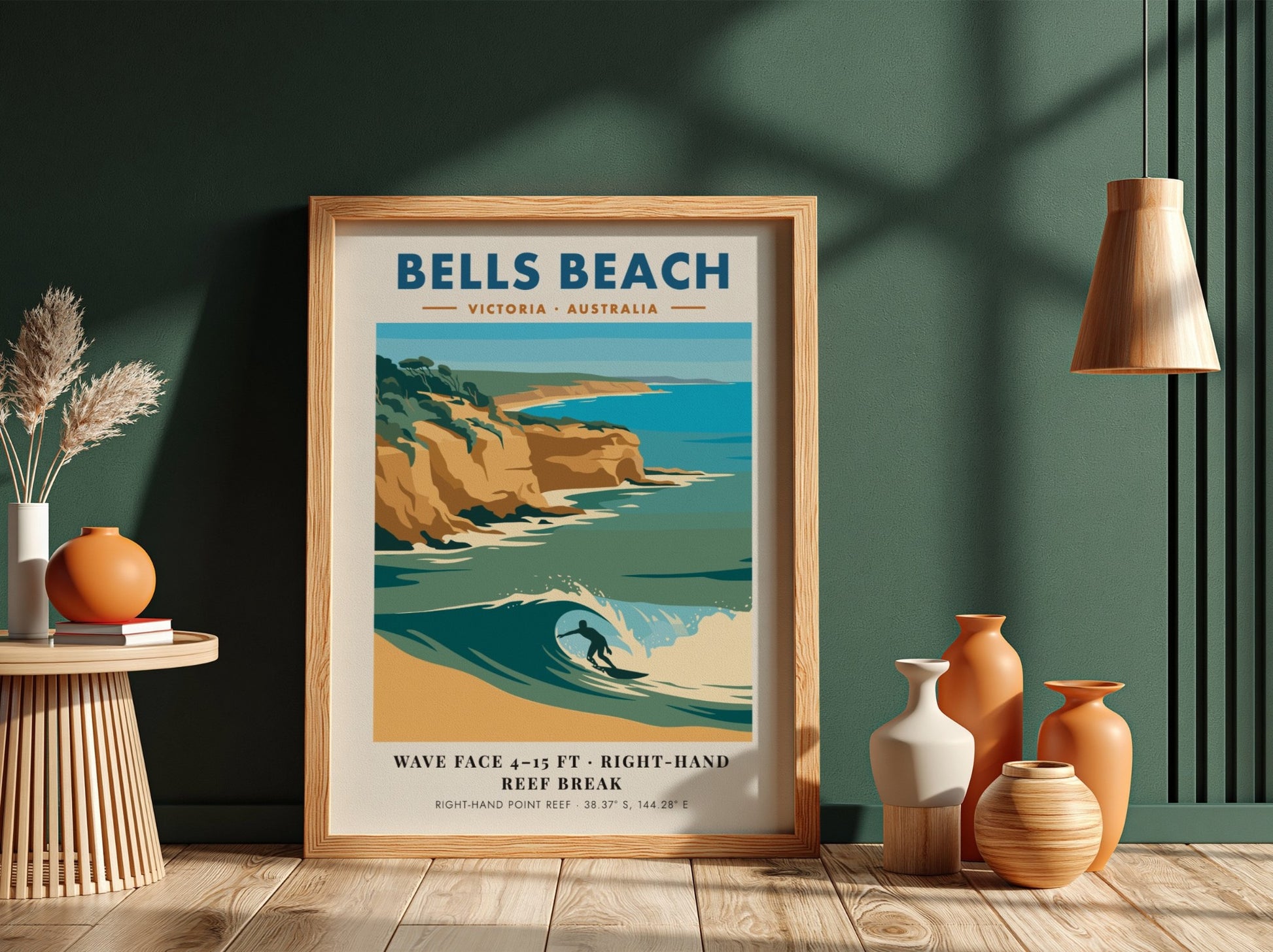 Bells Beach travel poster featuring a surfer on a wave with golden cliffs background