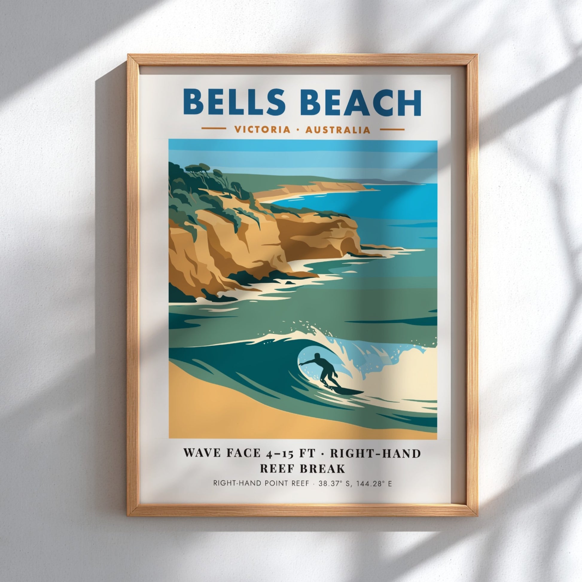 Bells Beach travel poster featuring a surfer on a wave with golden cliffs background